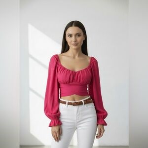 Hello Molly Pink Tie-Back Long Sleeve Crop Top 100% Cotton Size XS